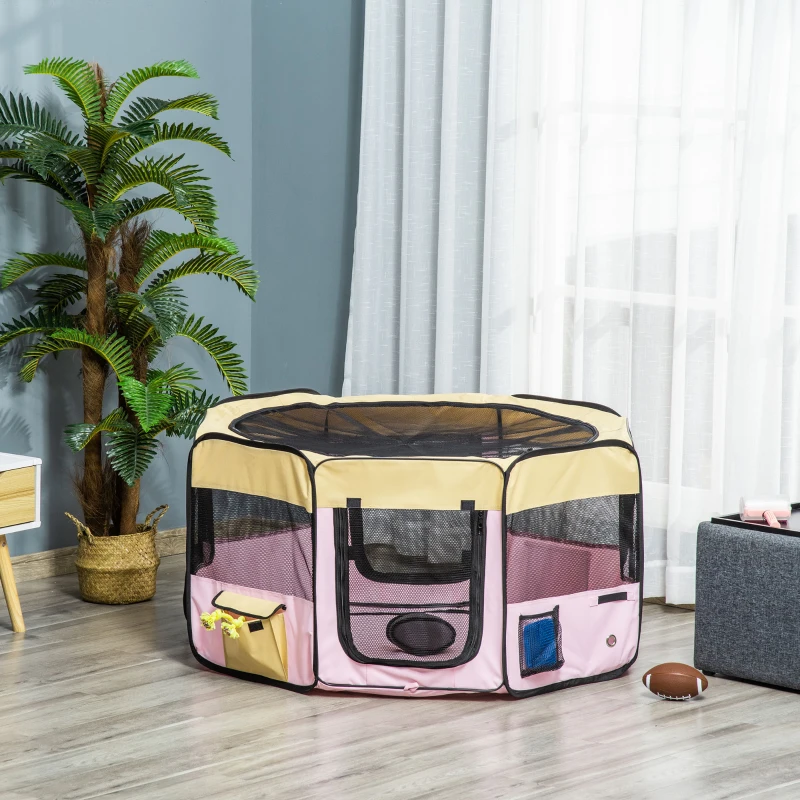 PawHut 49-inch Large Exercise Puppy Pet Playpen Portable Dog Cat Pet Play Pen Pet Cage Tent Kennel Crate Pink Carry Bag Included
