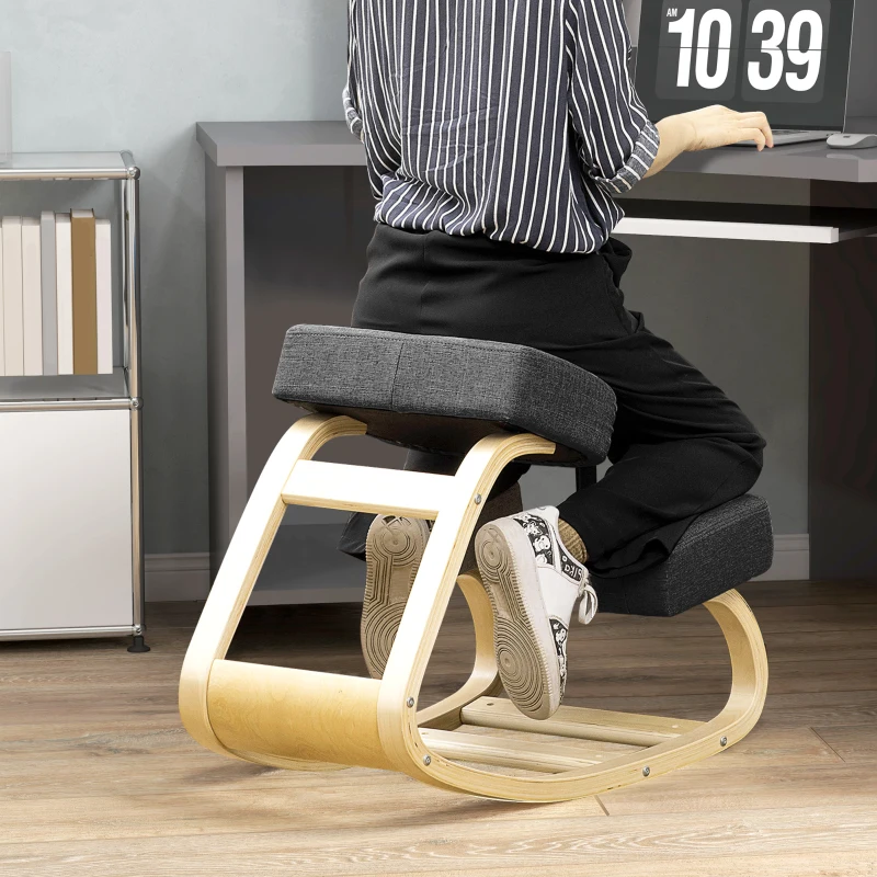 HOMCOM Ergonomic Kneeling Chair, Wood Kneel Stool with Thick Pads, Desk Knee Chair, Improve Posture, Black