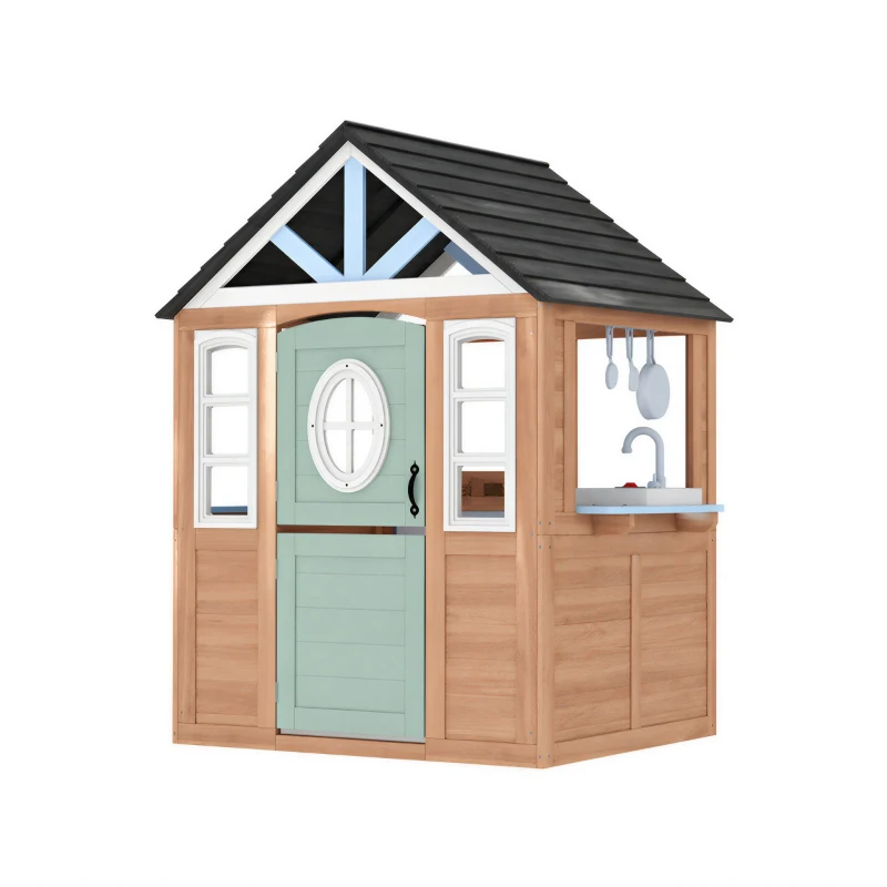 Qaba Kids Outdoor Playhouse, Wooden Cottage Play House with Pet Door, Play Kitchen, Half Door and Windows for Indoor Outdoor