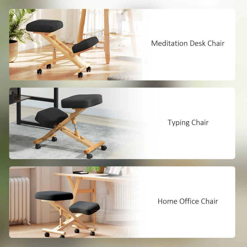 HOMCOM Ergonomic Kneeling Chair, Posture Chair with Rubberwood Frame, Rolling Wheels for Office, Posture Correction, Black