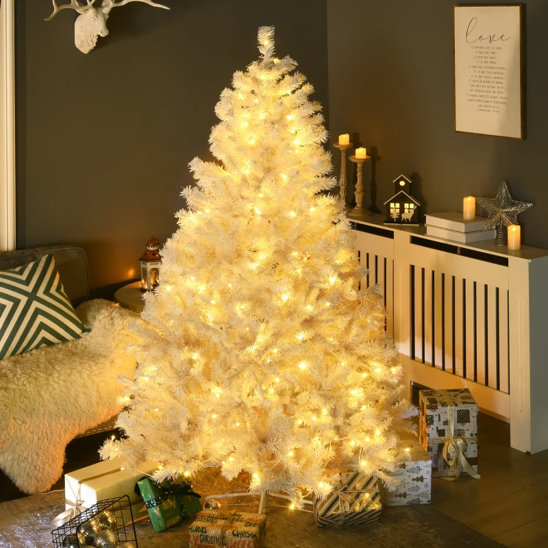 HOMCOM 6' Prelit Artificial White Christmas Trees Home Decor, with Warm White LED Lights, Auto Open, Steel Base