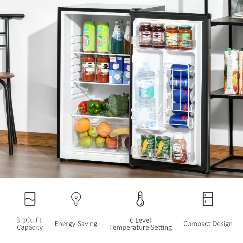 HOMCOM Mini Fridge with Freezer, Compact Mini Refrigerator with 3.1Cu Ft Capacity, Adjustable Shelves and Temperature and Reversible Door for Bedroom, Black/Silver