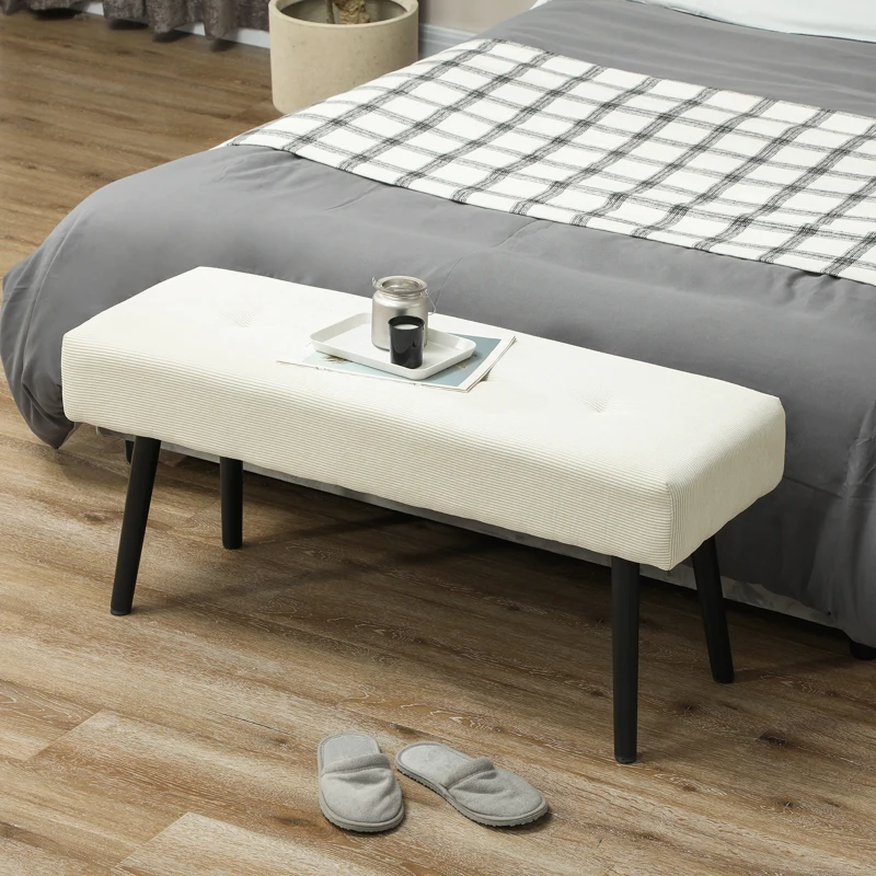 HOMCOM 39" Upholstered Ottoman Bench, Corduroy Entryway Bedroom Bench with Padded Seat and Steel Legs for Bedroom, Cream White