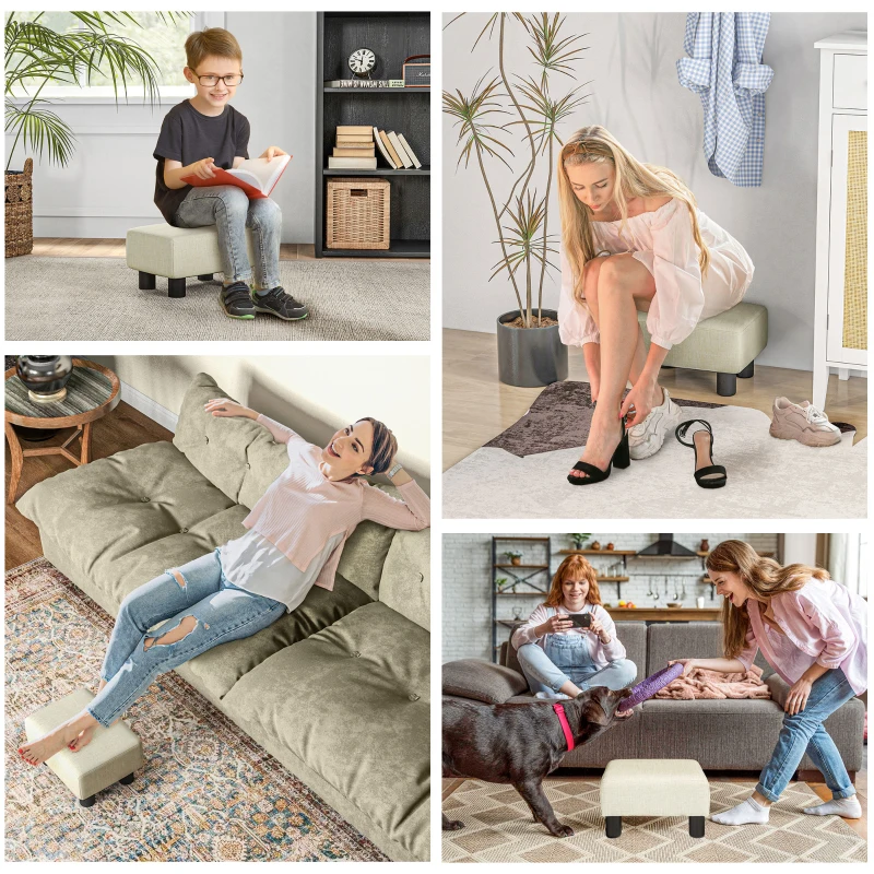 HOMCOM Small Ottoman Foot Rest, Foot Stool with Linen Fabric Upholstery and Plastic Legs, Cube Ottoman, Beige