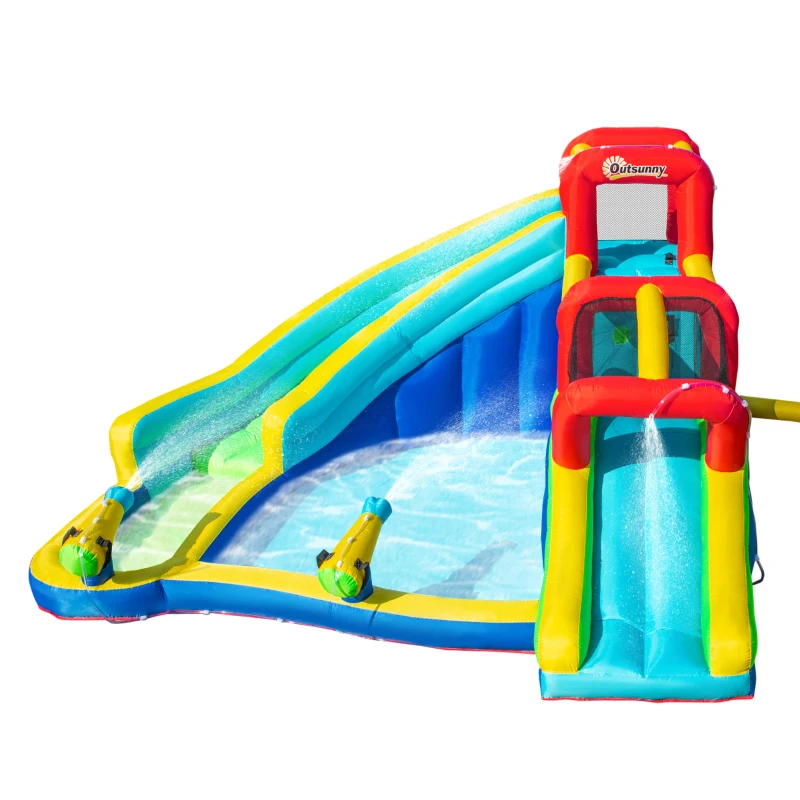 Outsunny 5-in-1 Water Slide Kids Inflatable Bounce House Water Park Jumping Castle Includes Trampoline Slide Water Pool Cannon Climbing Wall with Carry Bag, Repair Patches without Air Blower
