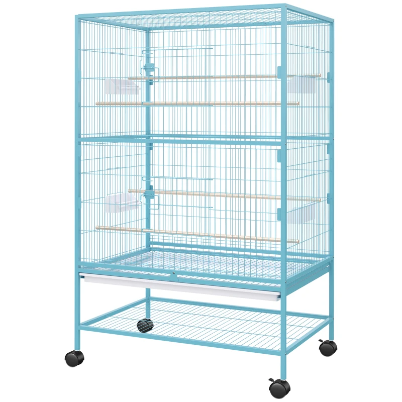PawHut 52'' Large Rolling Steel Bird Cage Bird House with Rolling Stand, Storage Shelf, Wood Perch, Food Container, Light Blue