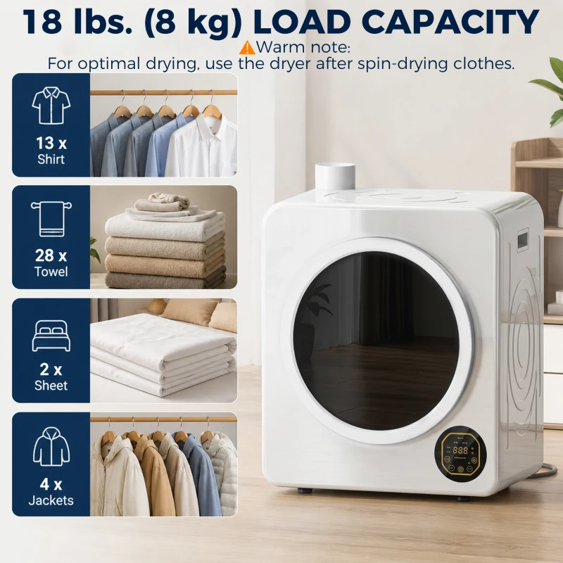 HOMCOM Clothes Dryer with 6 Drying Modes, Laundry Dryer with Stainless Steel Tub 18 lbs, White