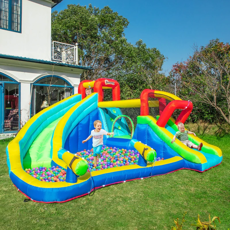 Outsunny 5-in-1 Water Slide Kids Inflatable Bounce House Water Park Jumping Castle Includes Trampoline Slide Water Pool Cannon Climbing Wall with Carry Bag, Repair Patches without Air Blower