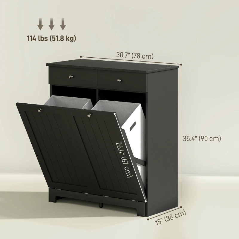 HOMCOM Laundry Cabinet, Tilt Out Laundry Hamper Cabinet with 2 Baskets, Bathroom Hamper Cabinet with 2 Drawers, Black