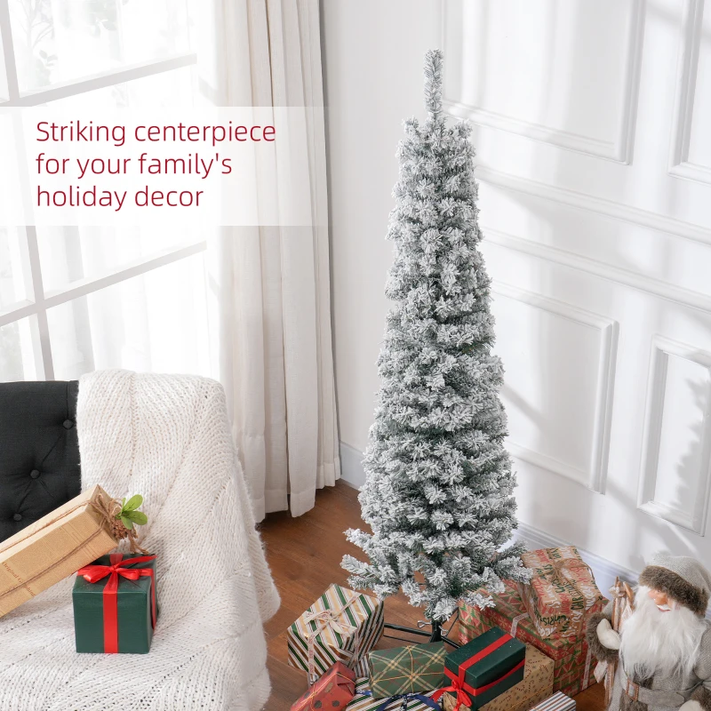 HOMCOM 5ft Flocked Christmas Tree, Pencil Christmas Tree with Realistic Branch Tips, Folding Metal Stand, Green