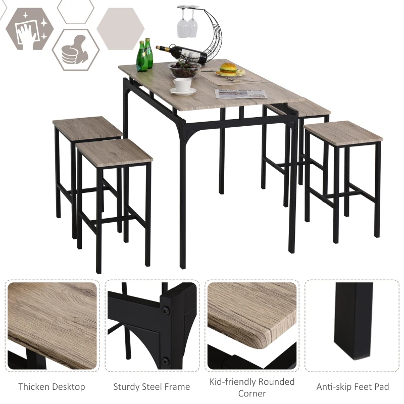 HOMCOM 5 Piece Modern Dining Table and 4 Stools Industrial Dining Set with Footrest & Metal Legs, For Kitchen, Natural