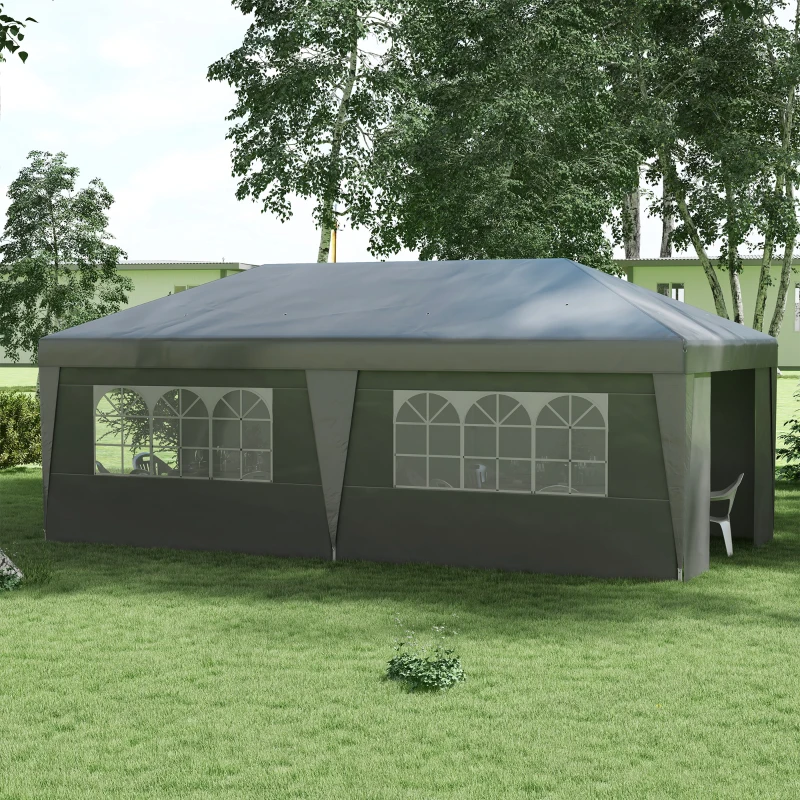 Outsunny 10' x 19.5' Pop Up Canopy Tent Height Adjustable Event Shelter w/ Sidewalls, Leg Weight Bags, Wheeled Carry Bag, Gray