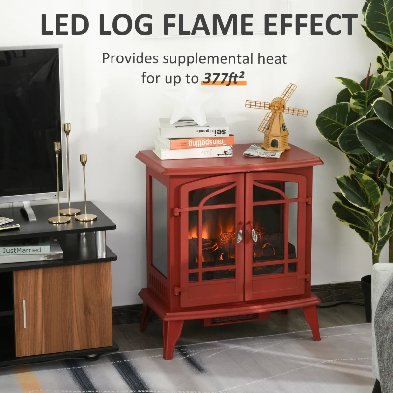 HOMCOM Electric Fireplace Heater, Fireplace Stove with Realistic LED Flames and Logs, Remote Control and Overheating Protection, 1400W, Red