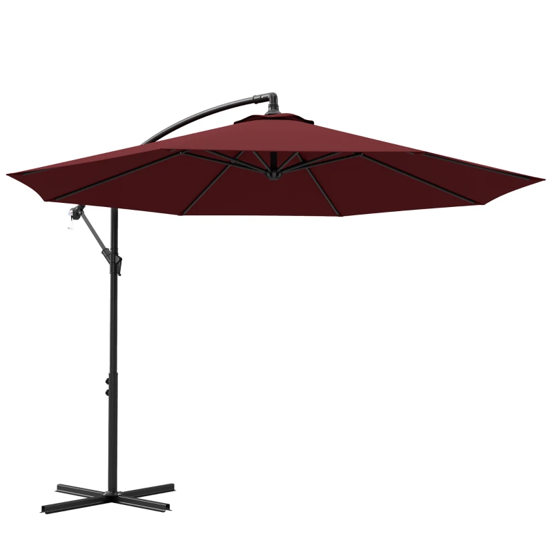 Outsunny 9.7ft Offset Patio Umbrella Garden Hanging Parasol Banana Cantilever Umbrella with Base, Crank, Wine Red