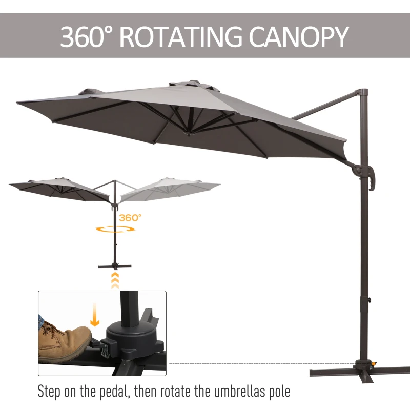 Outsunny 10ft Cantilever Patio Umbrella with 360° Rotation, Crank & Cross Base for Garden Deck Pool Backyard, Grey