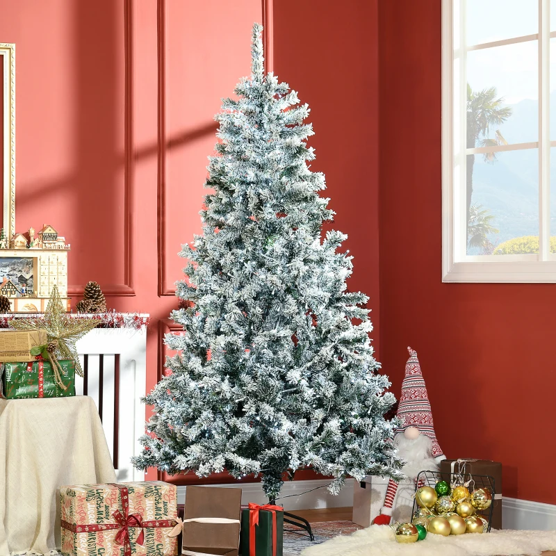 HOMCOM 6' Prelit Artificial Flocked Christmas Trees, with Snow Frosted Branches, Cold White LED Lights, Auto Open