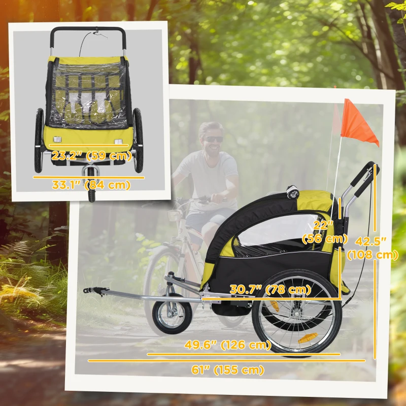 Aosom 2-in-1 Bike Trailer for Kids, Foldable 2-Seat Baby Stroller with 5-Point Harness, Rubber Wheels, Storage Bag, Yellow