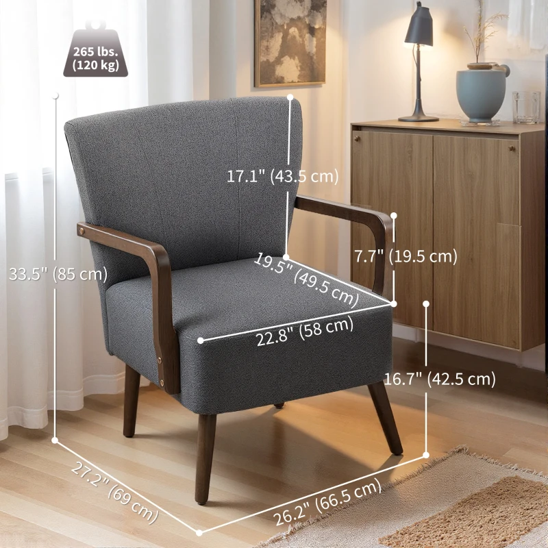HOMCOM Accent Chair with Wooden Legs, Linen Fabric Armchair with Thick Padding, Comfy Chair for Living Room, Dark Grey