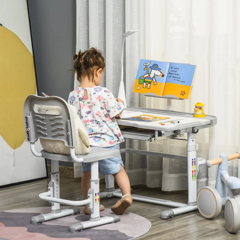 Qaba Kids Desk and Chair Set, Height Adjustable School Study Table and Chair, Student Writing Desk with Tilt Desktop, LED Light, Pen Box, Drawer, Reading Board, Cup Holder, and Pen Slots, Grey