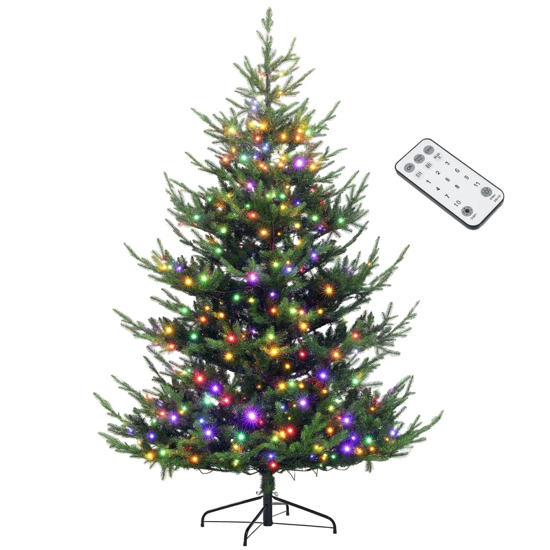 HOMCOM 7.5 ft Artificial Christmas Tree, Prelit Christmas Tree with 300 LED Lights, 1218 Branch Tips and Wide Metal Base, Green