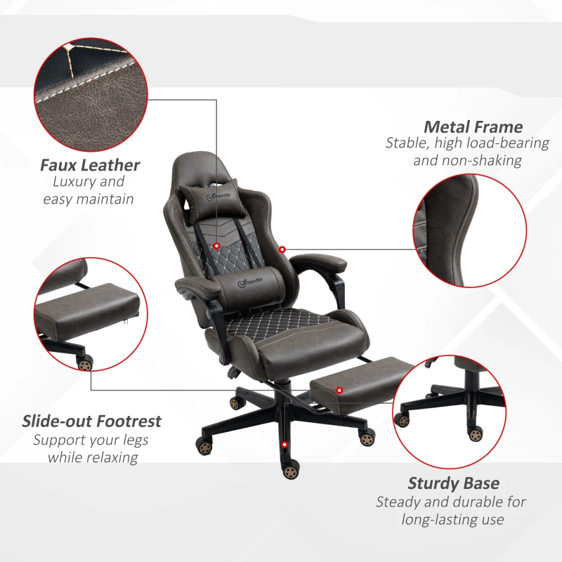 Vinsetto Racing Gaming Chair,  PU Leather Gamer Chair with High Back, Footrest, Lumbar Support, Adjustable Height, Brown