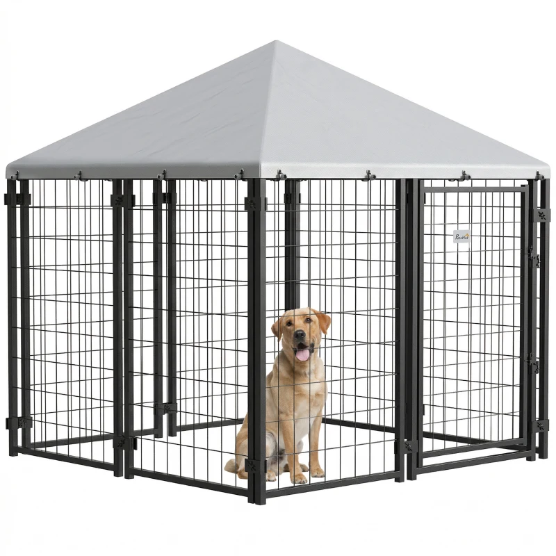 PawHut Lockable Dog House Kennel with Water-resistant Roof for Small and Medium Sized Pets, 4.7' x 4.7' x 5.1', Silver
