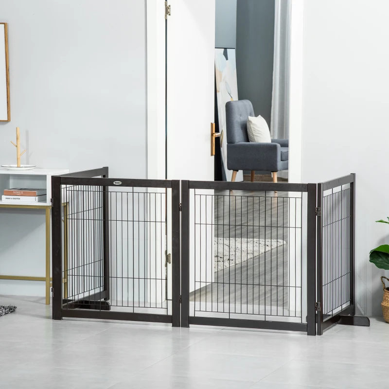 PawHut Wooden Dog Gate for Small & Medium Dogs 4 Panel w/ Support Feet Foldable Pet Fence for House Doorway Coffee