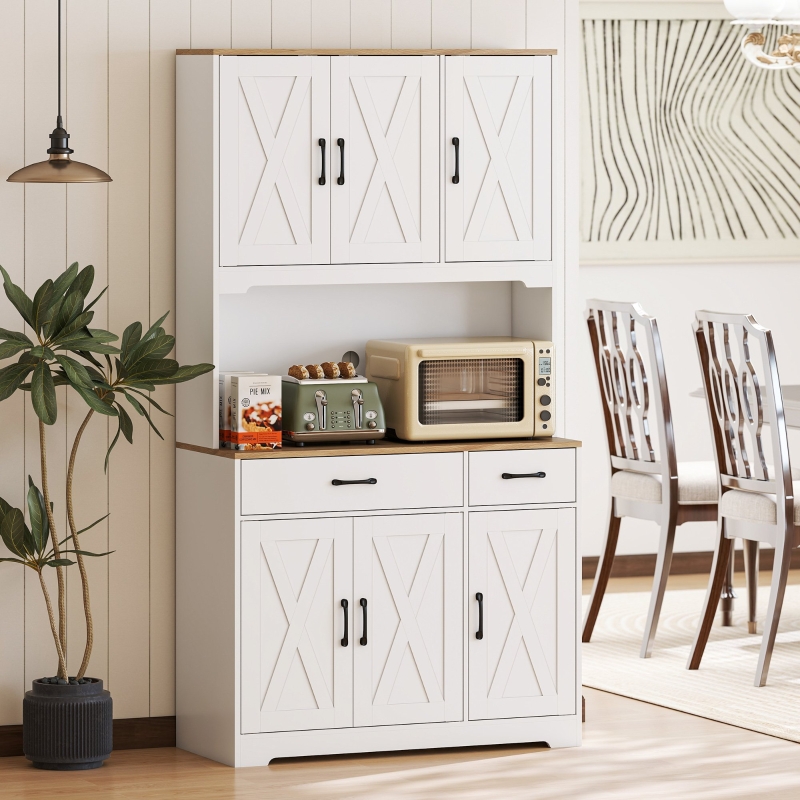 HOMCOM Tall Kitchen Pantry, 6 Doors, 2 Drawers, Adjustable Shelves & Worktop, Rustic Storage Cabinet for Living Room White