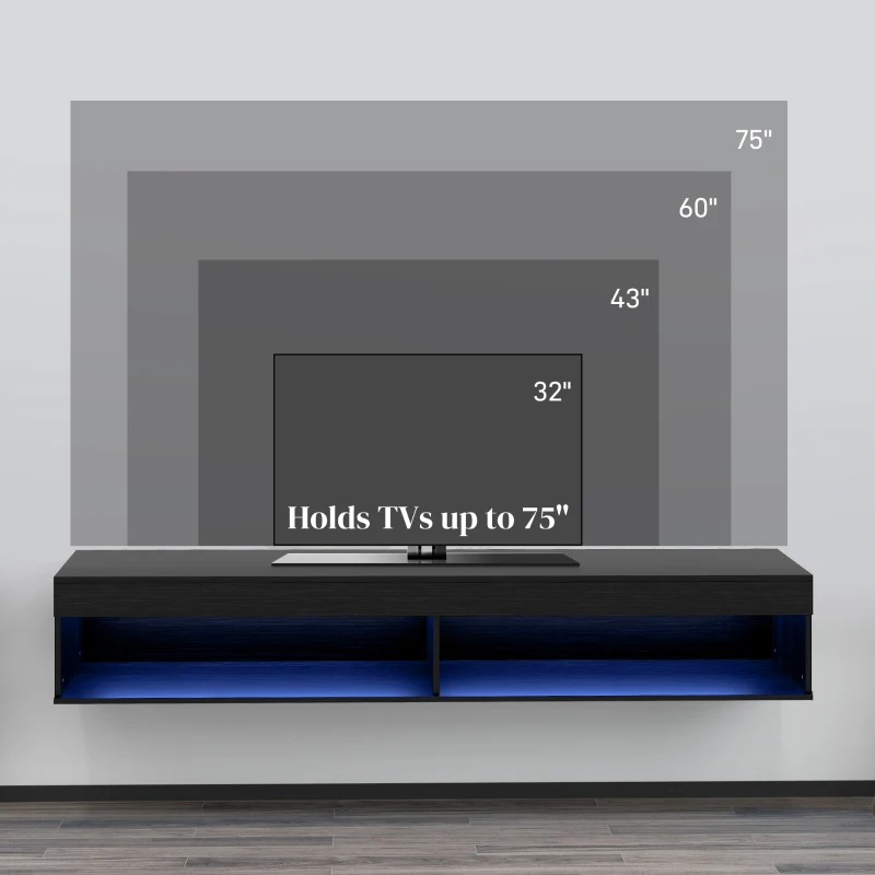HOMCOM Modern Wall Mounted TV Stand with Storage and LED Lights for TVs up to 75", Floating TV Shelf for Living Room, Black(m-6)