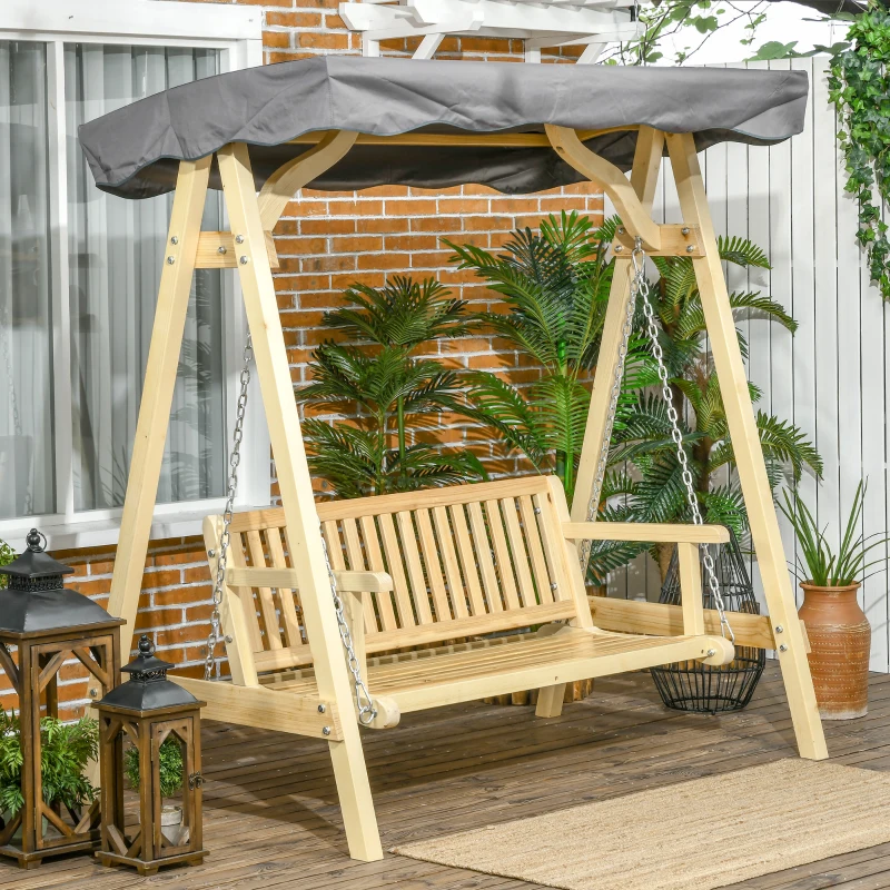 Outsunny Wooden Porch Swing Bench, 2-Seater Outdoor Swing Glider with Adjustable Canopy, Adjustable Hanging Chains, A-Frame, for Garden, Poolside, Backyard, Gray