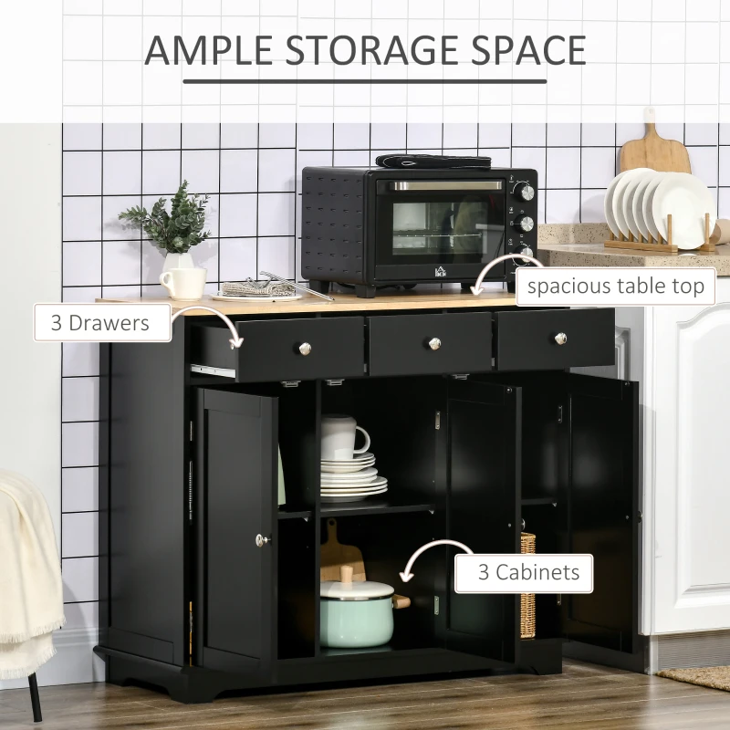 HOMCOM Kitchen Storage Cabinet, Sideboard Floor Cupboard with Solid Wood Top, Adjustable Shelf, and 3 Drawers, Black