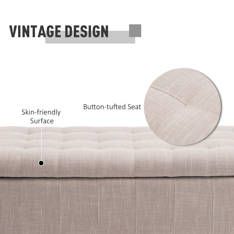 HOMCOM Storage Ottoman, Linen Fabric End of Bed Bench with Soft Close Lid, Button Tufted Storage Bench for Living Room, Entryway or Bedroom, 42" x 17" x 19", Beige