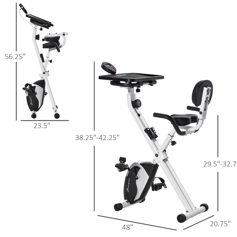 Soozier Stationary Exercise Bike with Adjustable Desktop, Seat Height and Resistance, 3lb Flywheel and Foldable Space-Saving Design, White