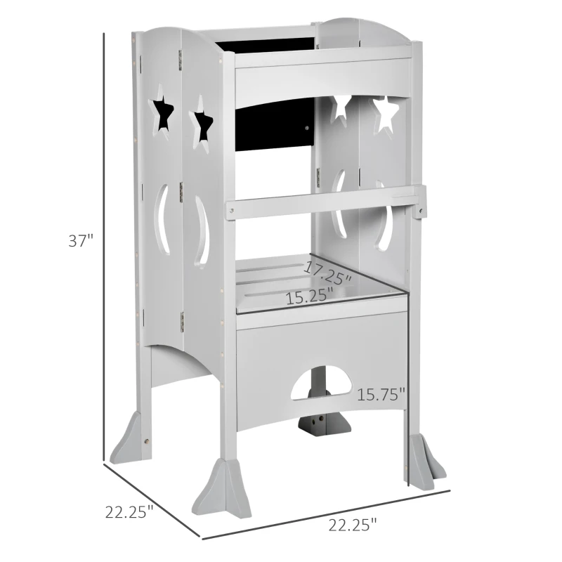 Qaba 2 in 1 Kids Foldable Kitchen Step Stool, Toddler Standing Tower with Chalkboard and Lockable Handrail for Children 3-6 Years Old, Gray