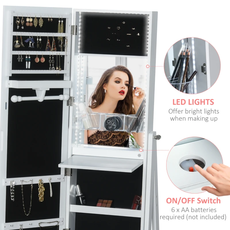 HOMCOM Jewellery Cabinet with Full-Length Mirror, Standing Jewelry Armoire with LED Light, White