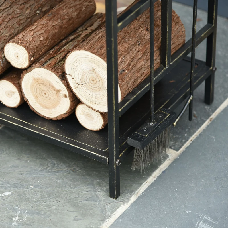 Outsunny 20.25" x 13" x 30.25" 2-Layer Heavy Duty Firewood Rack Wood Log Fireplace Stacker  w/ 4 Tools, Black and Gold