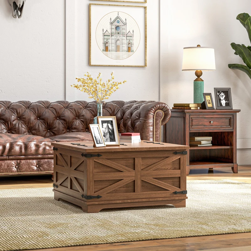HOMCOM Farmhouse Coffee Table, Square Center Table with Flip-top Lids, Hidden Storage Compartment, Distressed Brown