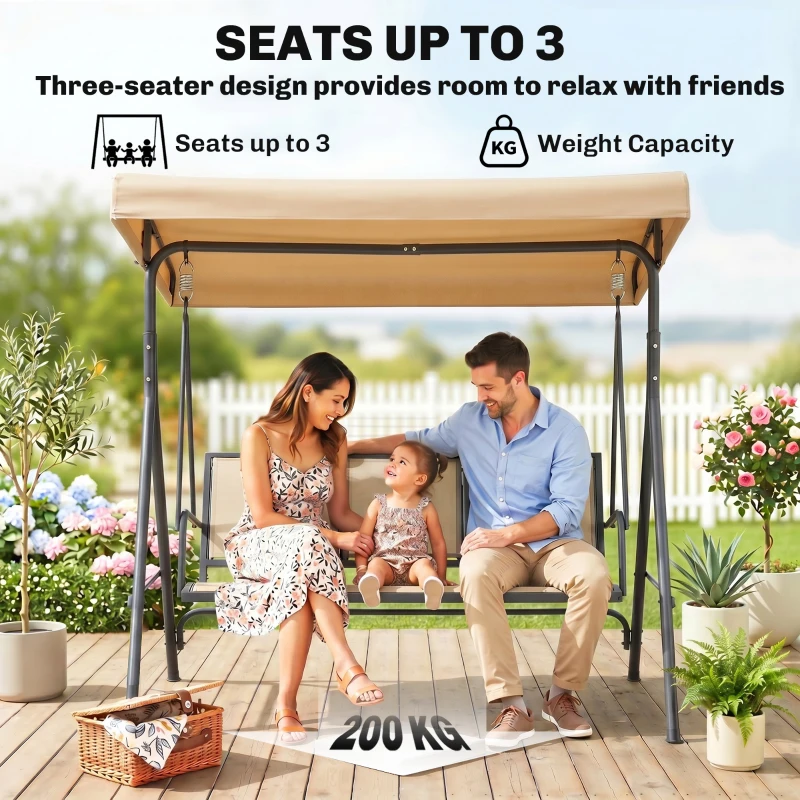 Outsunny 3-Seater Swing Chair Covered Garden Hammock A-Frame Outdoor Porch Glider Sling Seat with Adjustable Canopy Cover, Beige