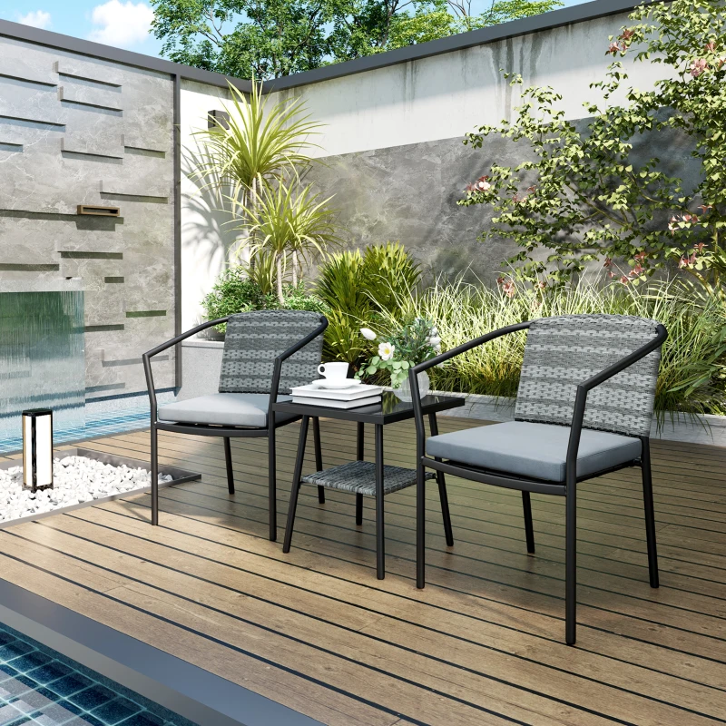 Outsunny Outdoor Bistro Set, 3 Piece Wicker Patio Furniture Set with Armchairs, 2-Tier Glass Table, Cushions, Dark Grey