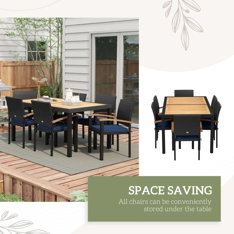 Outsunny Patio Table and Chairs Outdoor Dining Set w/ Acacia Wood Table Top, Cushions, for Backyard, Balcony, Garden, Black