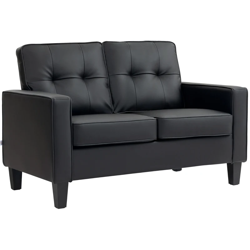 HOMCOM 51" Double Sofa Couch, Upholstered PU Leather Loveseat with Armrests, Tufted Backrest, Cushion, Black