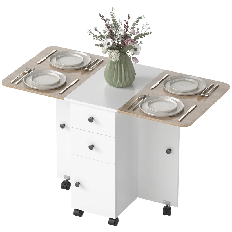 HOMCOM Drop Leaf Dining Table, Mobile Folding Table on Wheels with Drawers and Cabinet for Dining Room, Kitchen, White and Oak