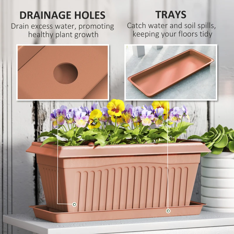 Outsunny 7 Pack 15.7" Plastic Flower Planters with Drainage Holes and Trays, Plant Pots for Indoor Outdoor Plants, Brown