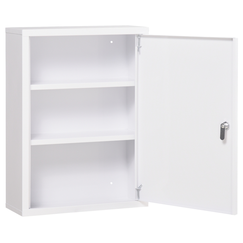 kleankin Lockable Medicine Cabinet, 3 Tier Steel Medical Wall Box with 2 Keys and Shelves for Bathroom, White