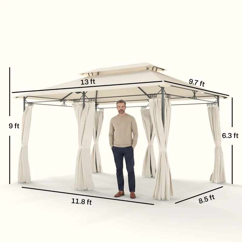 Outsunny 10' x 13' Double Roof Patio Gazebo, Outdoor Gazebo with Curtains, for Garden, Lawn, Backyard and Deck, Cream White