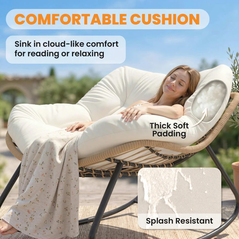 Outsunny Indoor Outdoor Papasan Rocking Chair, Oversized Rocking Egg Chair with Cushion for Garden, Patio, Beige
