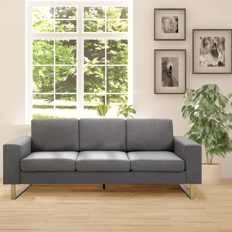 HOMCOM 3 Seater Sofa, Linen Upholstered Cozy Padded Couch with Steel Leg, Backrest and Wide Armrest, for Living room, Bedroom, Dark Grey