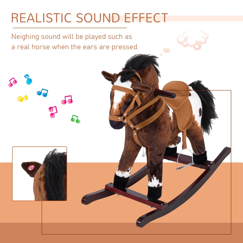 Qaba Kids Wooden Plush Ride-On Rocking Horse Chair Toy with Realistic Sounds Dark Brown/White