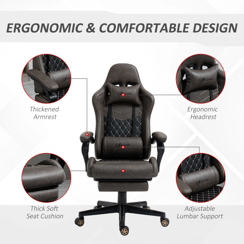 Vinsetto Racing Gaming Chair,  PU Leather Gamer Chair with High Back, Footrest, Lumbar Support, Adjustable Height, Brown