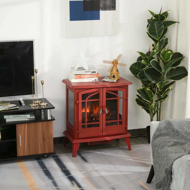 HOMCOM Electric Fireplace Heater, Fireplace Stove with Realistic LED Flames and Logs, Remote Control and Overheating Protection, 1400W, Red